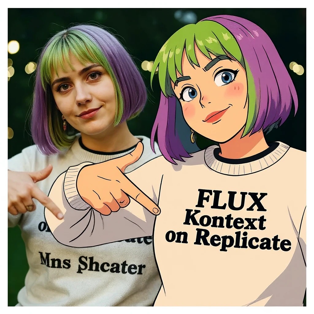 make a image of a girl with a anime version of that girl beside her wearing tshirt with text of "FLUX Kontext", avoid replicate emoji