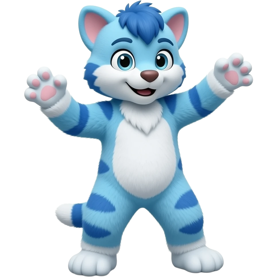 A man in a blue animal costume does a dance emoji