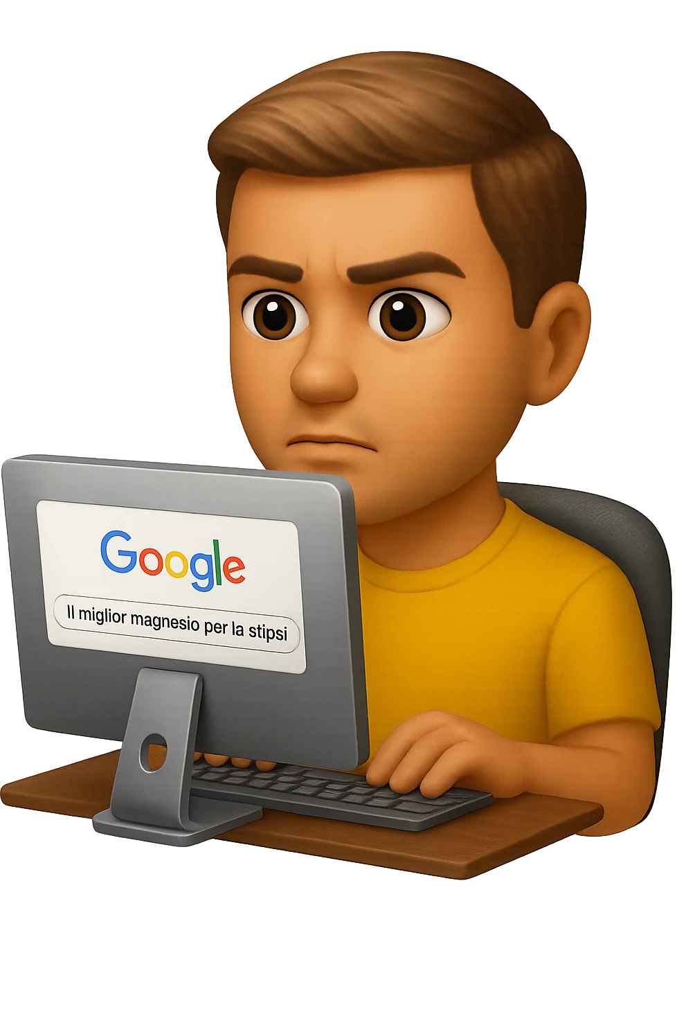 emoji stile iphone di un uomo davanti al pc che cerca di google: "Il miglior magnesio per la stipsi", iperrealistico 4k emoji