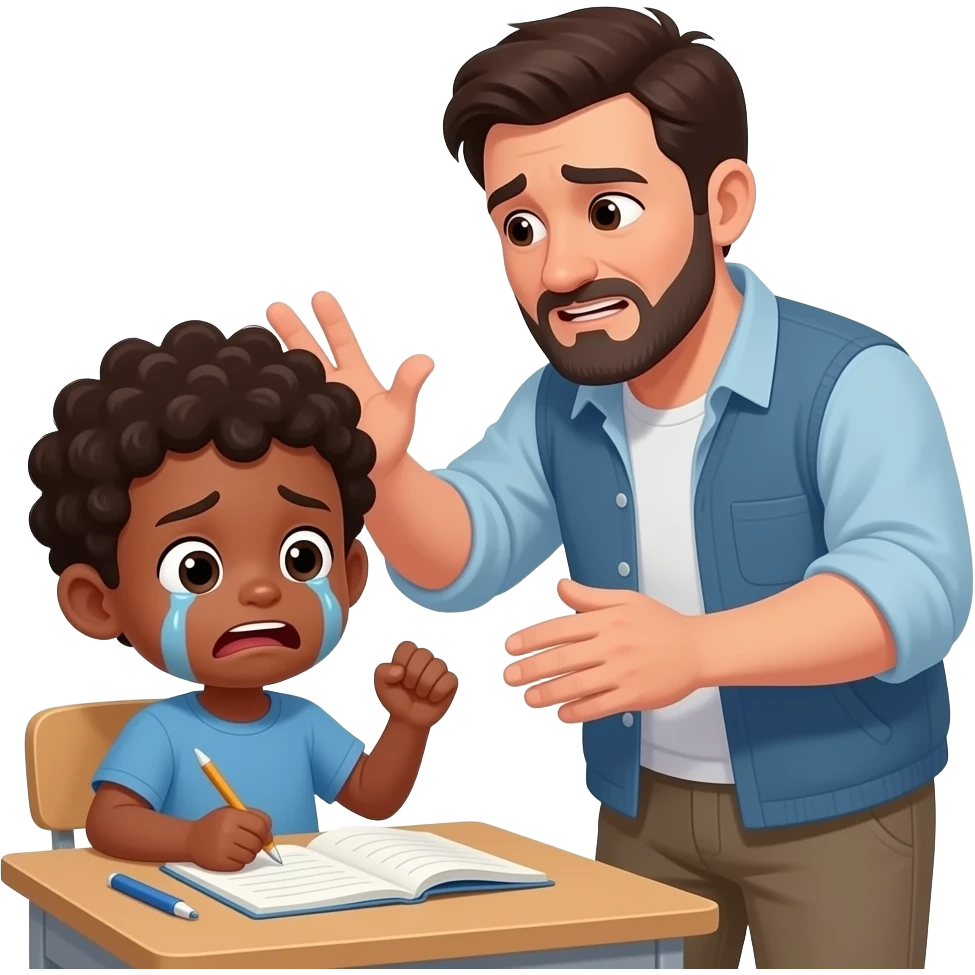 père noir oblige son garçon noir de 7 ans à faire devoir. L'enfant a peur et est triste car papa le frappe emoji