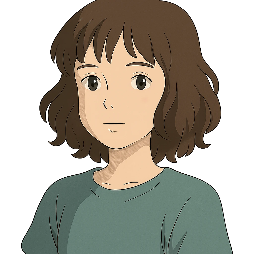 portrait of an Asian girl with medium brown wavy hair and brown eyes, paler skin tone, ghibli style emoji