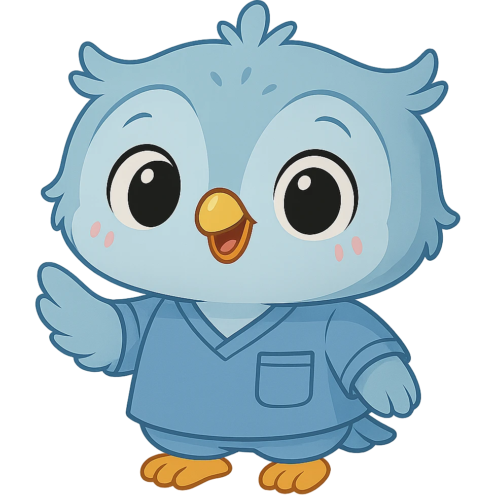 Make the baby owl wearing a bluish psychology scrub look more commercial and attractive to attract clients: add a big smile, bright and expressive eyes, friendly posture, and welcoming gesture, in an adorable and cute style. emoji