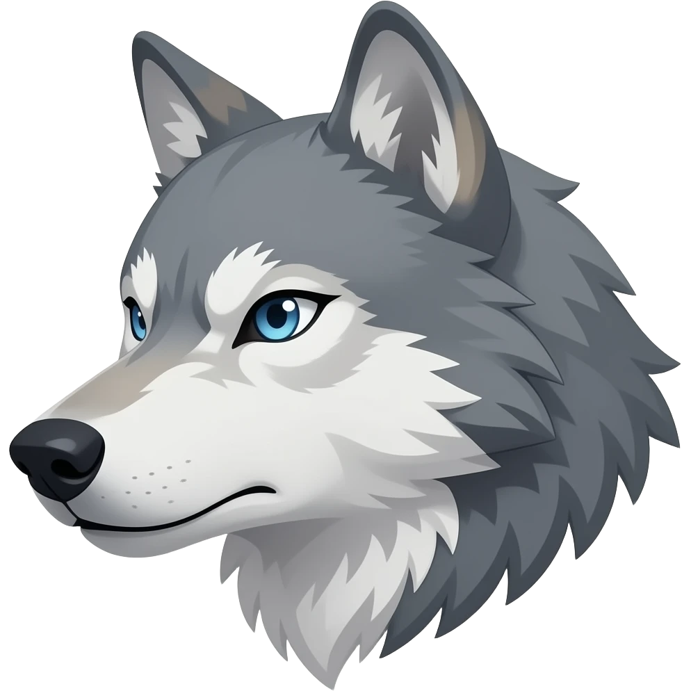 angry face light gray wolf head little bit anime eyes realistic Turn sideways light blue gray eyes dead stare emoji