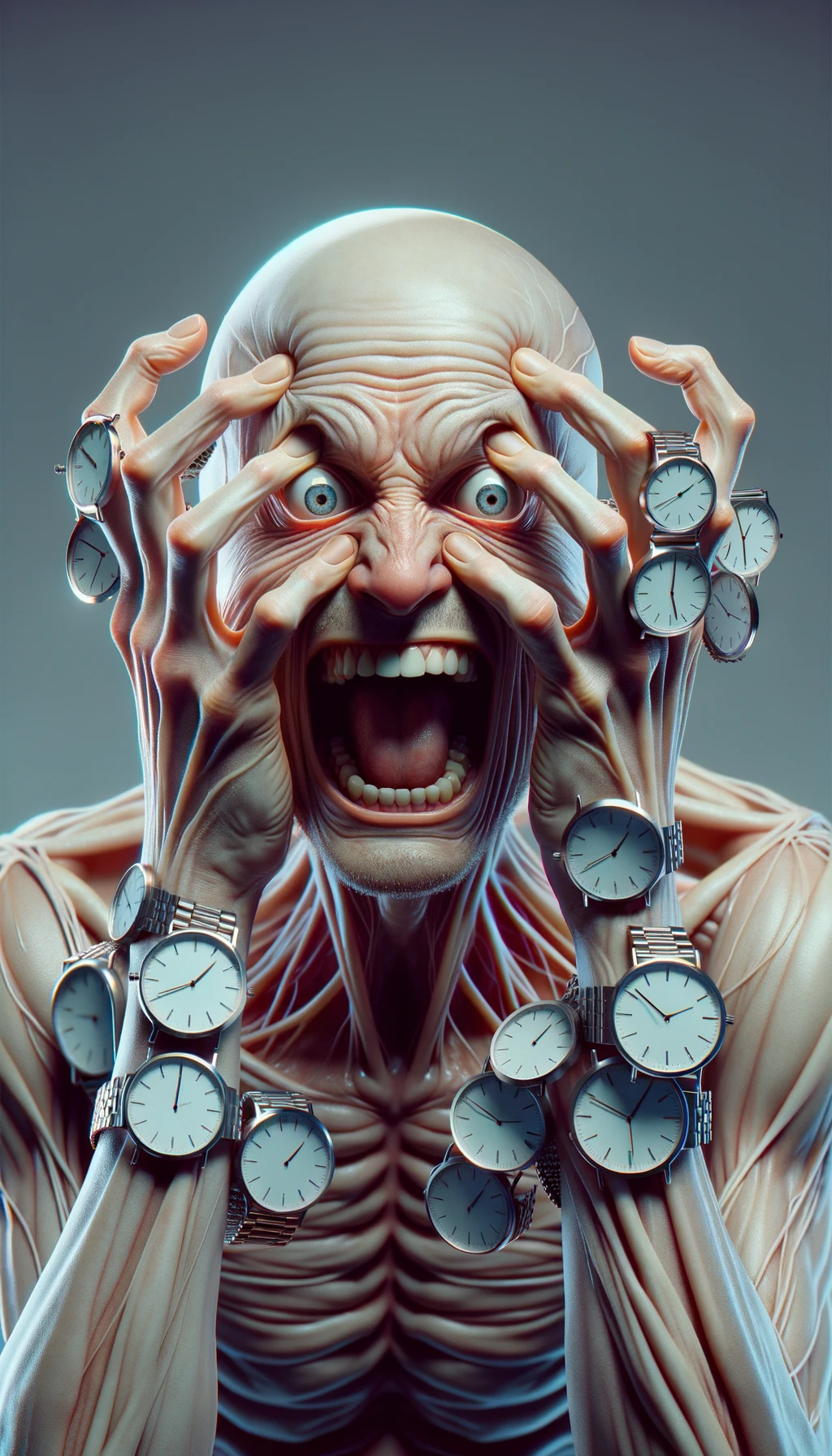 corpo umano anatomico CHE TIENE OROLOGI NELLE MANI E STA IMPAZZENDO PERCHé NON RIESCE A SVOLGERE TUTTE LE SUE ATTIVITà QUOTIDIANE: NON HA TEMPO, iperrealistico 4k emoji