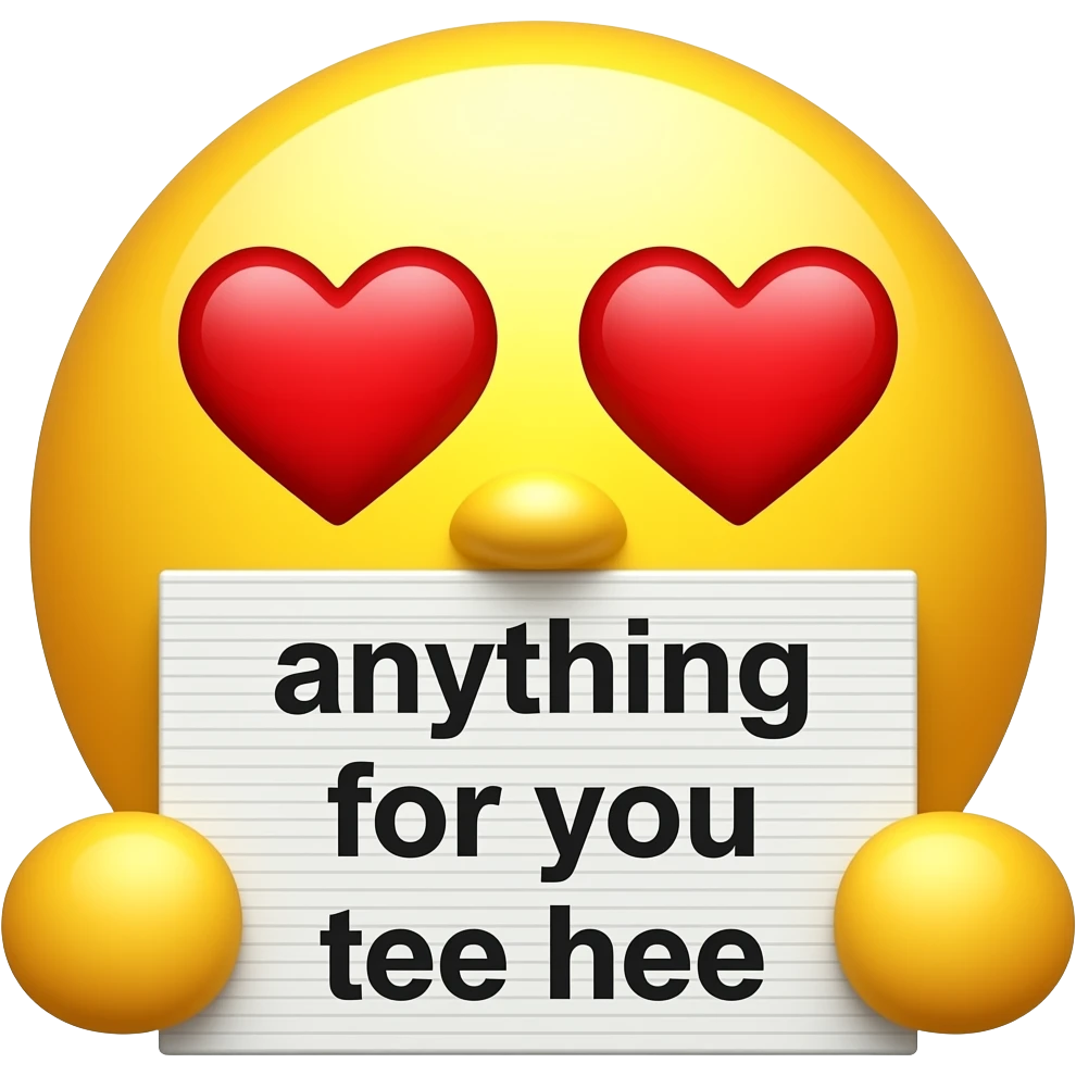 Yellow smiley in love holding up a sign sign that says "anything for you tee hee" Minios emoji