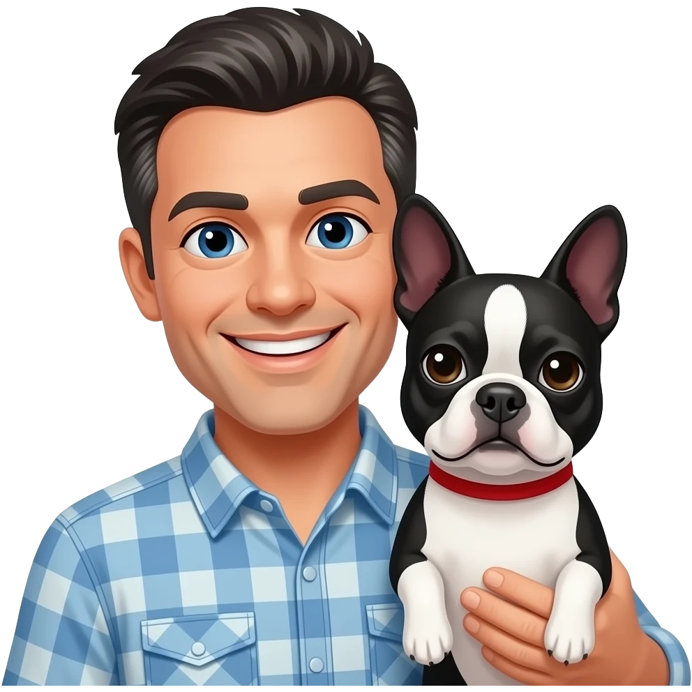 Smiling White man with dark hair with grey streaks holding a Boston Terrier dog emoji
