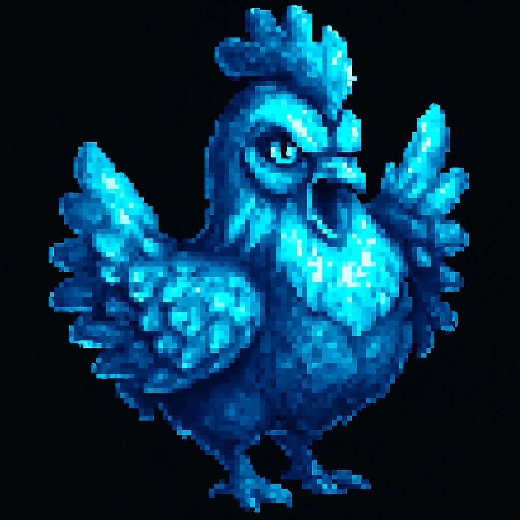 Make the magical fire chicken blue, keep pixel art style. Maintain pixel art characteristics and color palette but change the fire chicken to blue. emoji