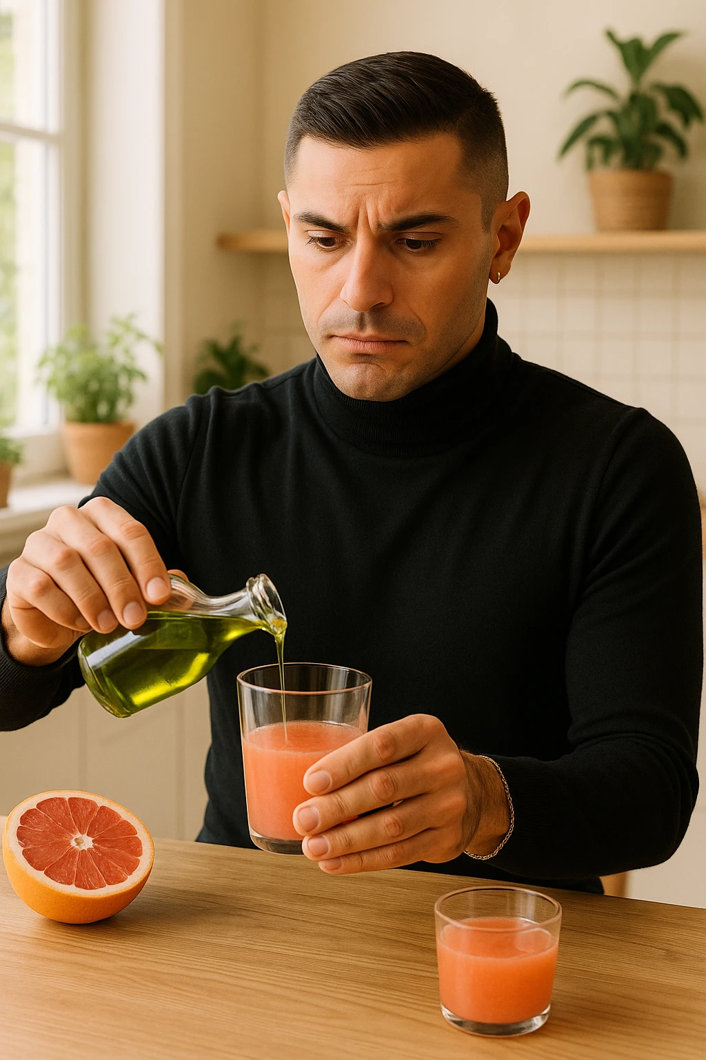 A realistic, warm-toned photo-style image of a man in his kitchen preparing a liver and gallbladder flush. On the counter, there is a small glass bottle of high-quality extra virgin olive oil with a rich green hue, and a freshly cut pink grapefruit with a small glass of its juice next to it. The man, in his mid-30s, looks focused and slightly apprehensive as he mixes the olive oil and grapefruit juice in a clear glass, preparing to drink it as part of a natural gallbladder cleanse. The background is clean, bright, and minimalist with wooden countertops, green plants, and sunlight coming through the window, giving a sense of natural health practices. The mood conveys a realistic moment of alternative health care, illustrating the preparation and intention for a natural flush to address gallstones, while maintaining a calm, educational, and hopeful tone in italiano emoji