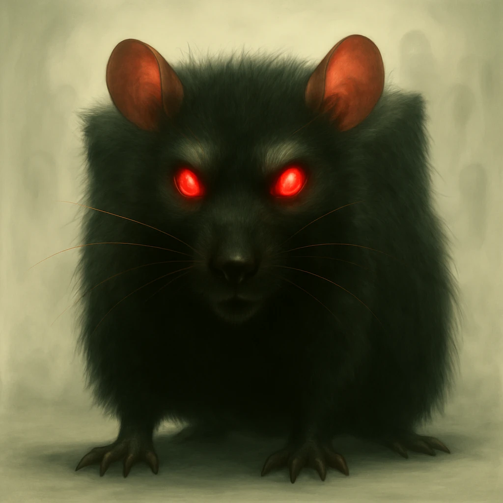 Transform the creature into a square-shaped rat, maintaining a hyper-realistic, soft, glowing art style. The background should be sinister and light-colored. The rat should appear unnatural and unsettling due to its square shape, with detailed textures and lighting that emphasize its eerie form. emoji