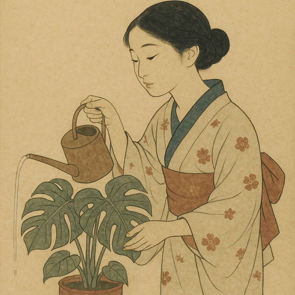woman watering her monstera plant emoji