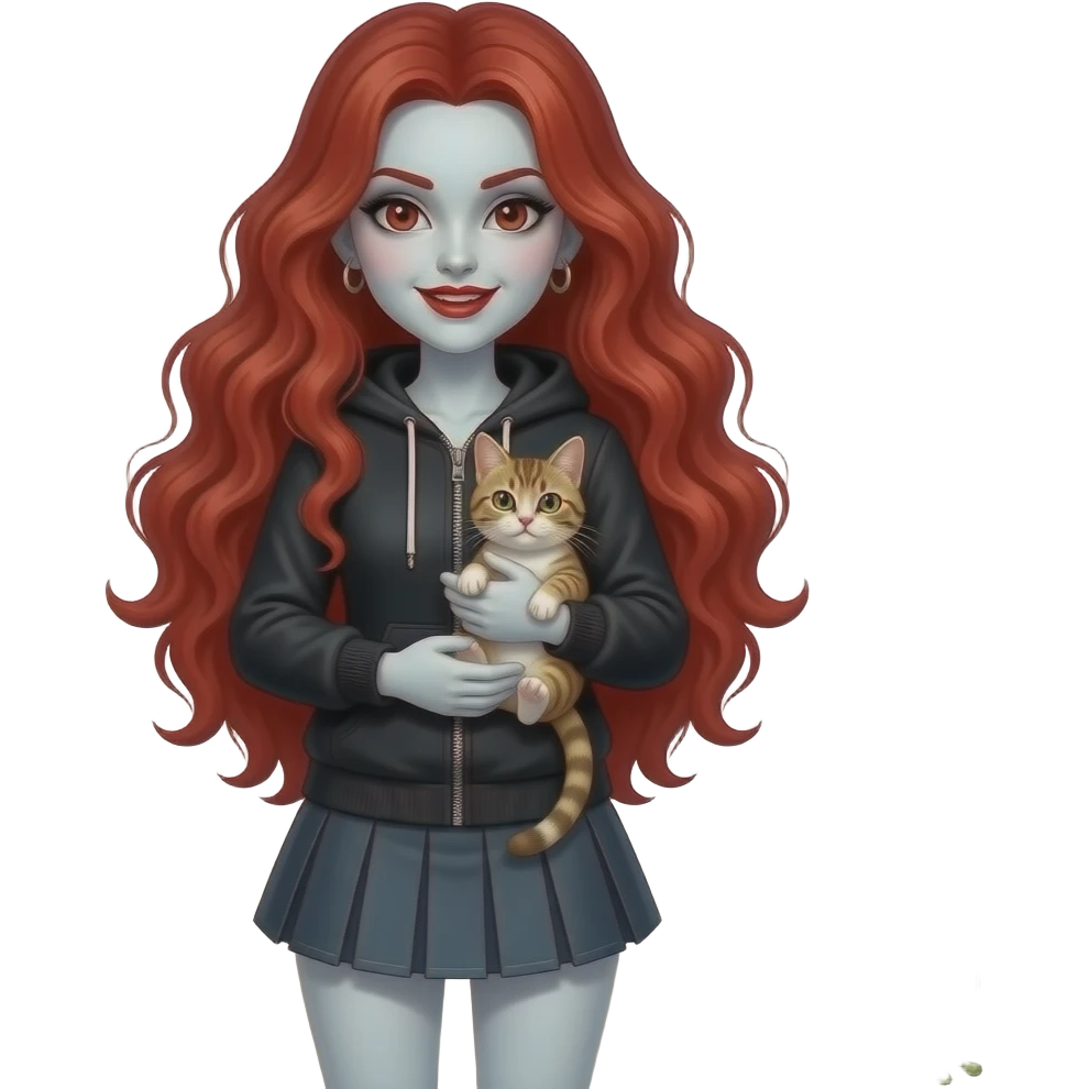 Vampiro femmina con capelli lunghi rosso fuoco ondulati con pelle bianca con gonna corta e felpa attilalante nera con anfibi che tiene in braccio un gattino europeo emoji