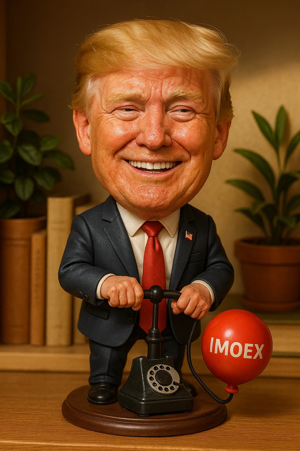 Дональд Трамп  улыбается в поте лица качает через насос в виде старого телефонного аппарата, который подключен к надувающемуся красному шарику, который символизирует фондовый рынок и на нём написано IMOEX emoji