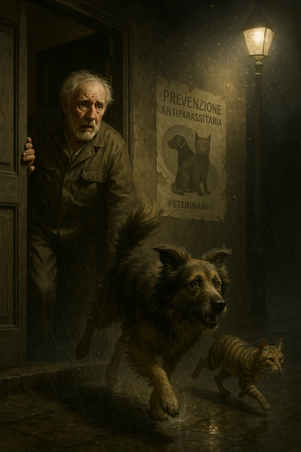 Un uomo anziano in tuta da lavoro, con espressione angosciata, tiene aperta la porta di casa mentre il suo cane (un meticcio a pelo lungo) e il gatto (soriano) scappano nella strada buia sotto la pioggia. Particelle di polvere/pulci fluttuano nell'aria illuminata dal lampione. Sullo sfondo, un poster strappato del veterinario con scritto 'Prevenzione antiparassitaria'. Stile fotorealistico, illuminazione Caravaggesca, toni grigi e ocra. in italiano emoji
