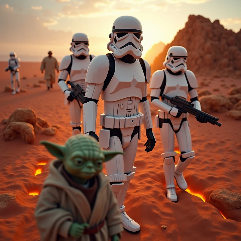 Camera POV, Starwars stormtroopers vlogging selfie, he is walking on lava planet with yoda emoji