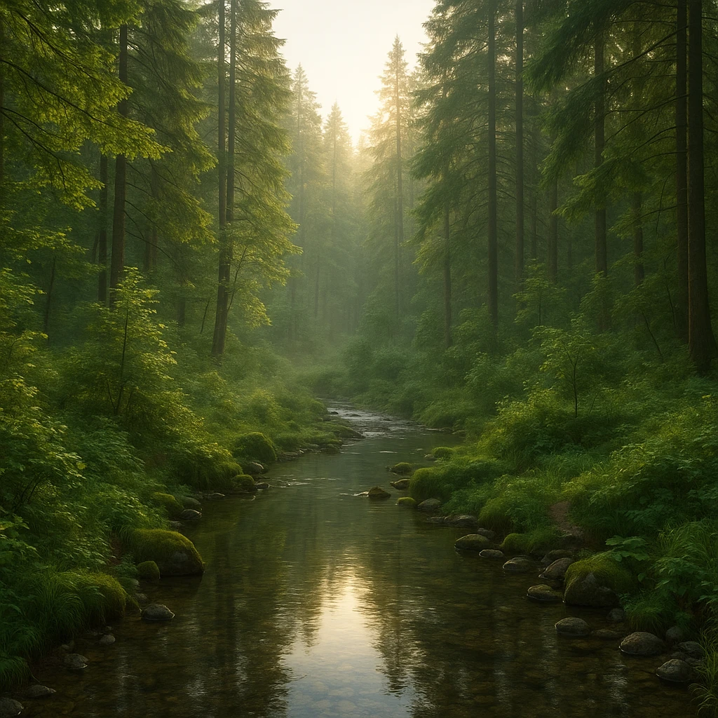 realistic forest landscape, 1920x1080 aspect ratio, early morning, dense trees, clear stream winding through foreground, soft golden morning light, lush greenery, detailed water reflections, gentle mist, no wildlife emoji