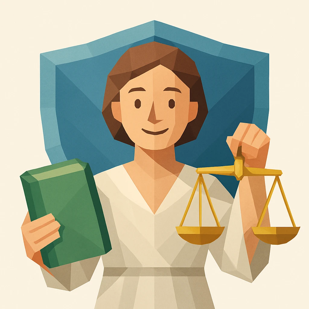 character with happy or neutral facial expression holding a green book in one hand and a gold justice scale in the other, shield in the background, clean modern illustration style emoji