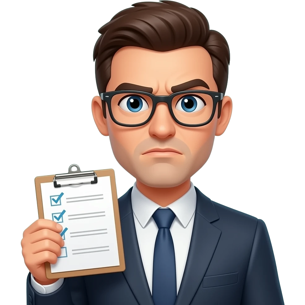 3D Pixar style, 🧐 emoji, sharp glasses, holding checklist, serious face, mint green background, glossy render, studio lighting, high detail emoji