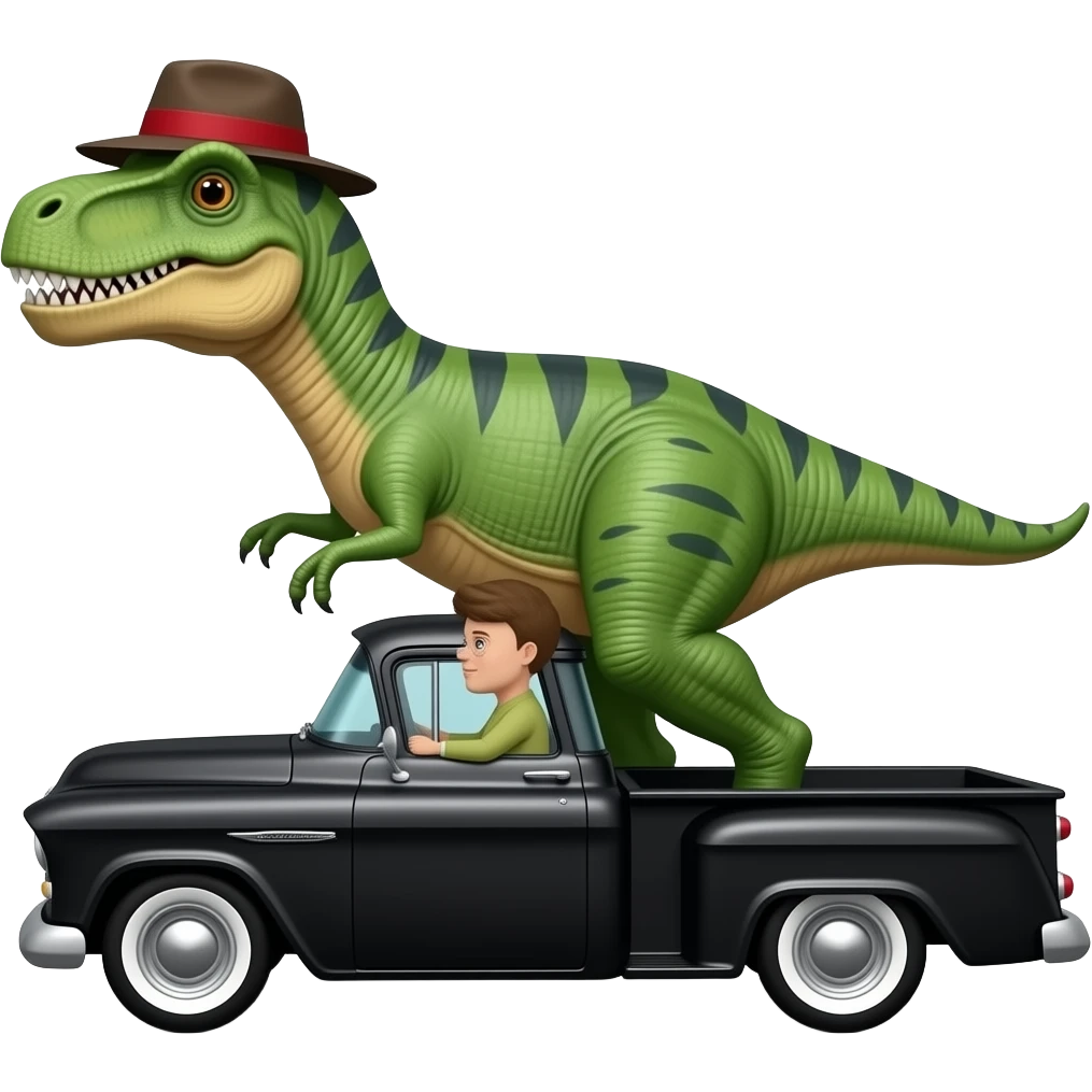 dinosaur driving black 1955 chevy 3/4 view emoji