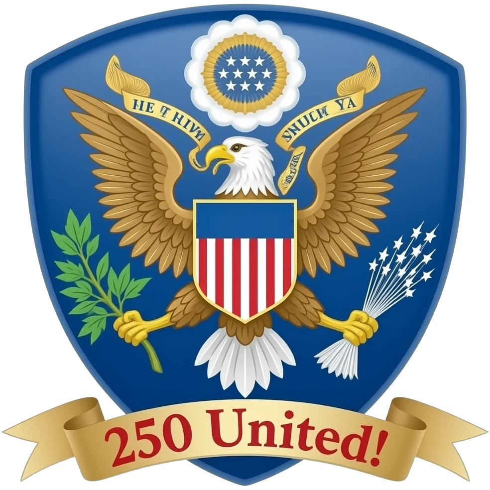 heraldic spread eagle, color gold, caption '250 United!' red on usa blue #002868 scroll emoji