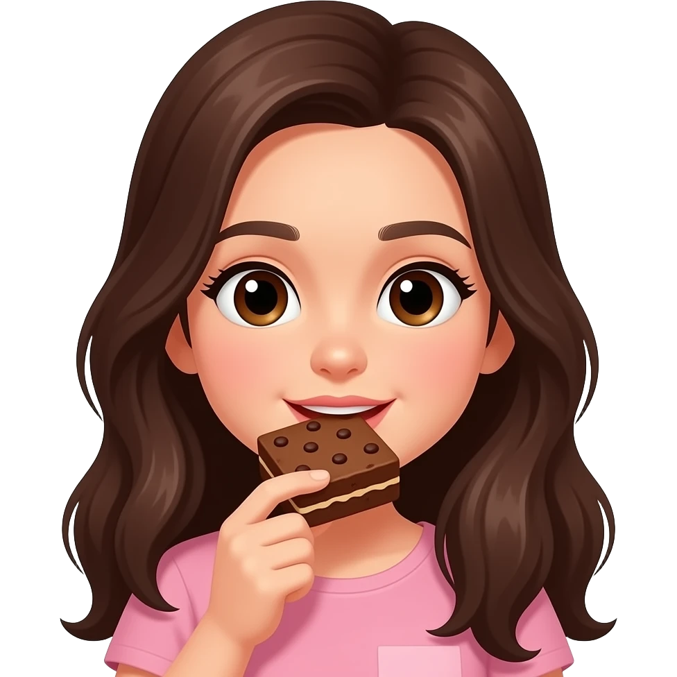 a girl eating a brownie, make her hair long and dark brown emoji