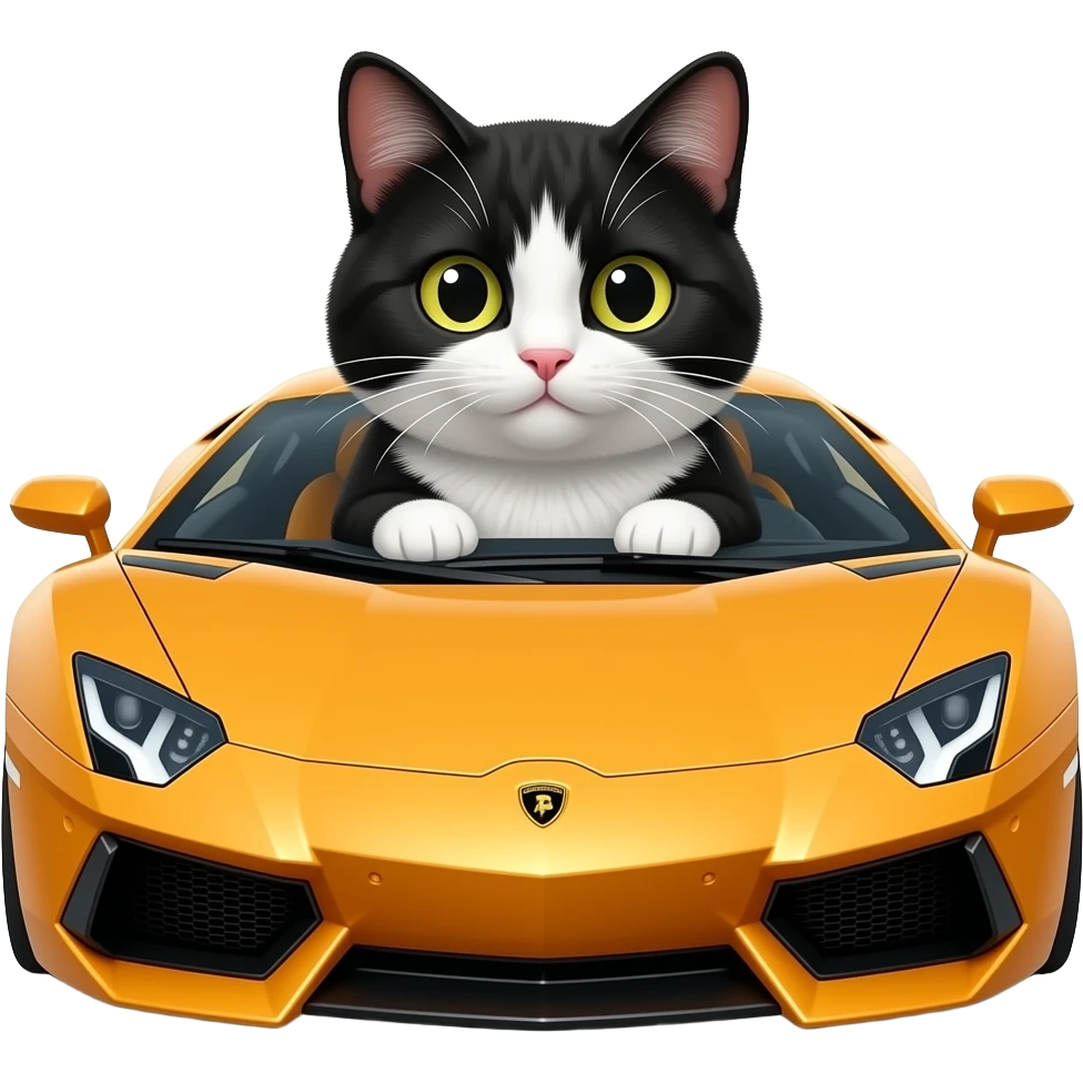 A fluffy black and white cat in a Lamborghini emoji