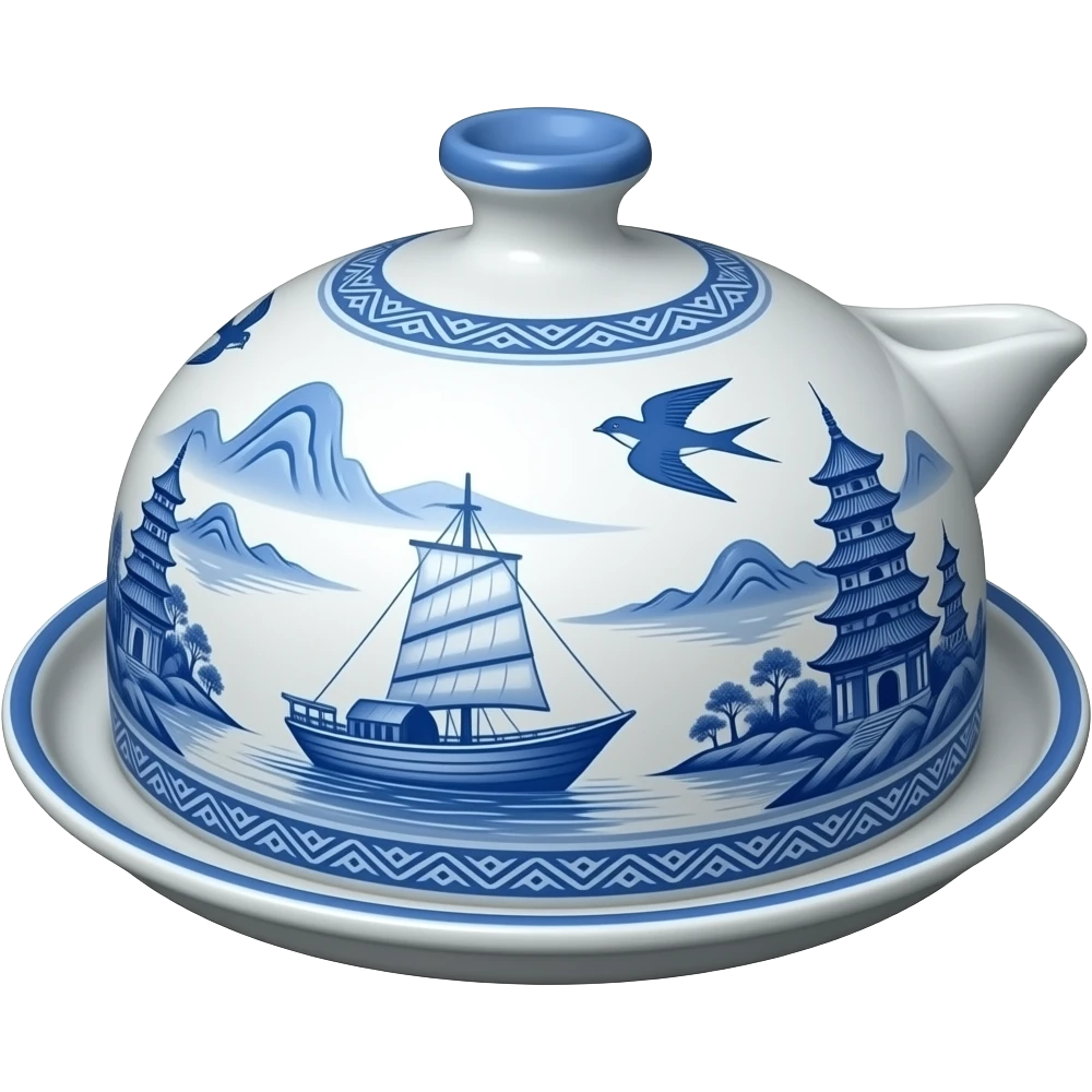 chinoiserie blue willow china pattern butter dish covered with a boat, pagodas and two swallows emoji
