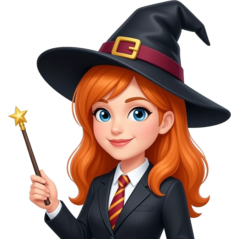 Woman with wizard hat and professional wand with orange hair emoji