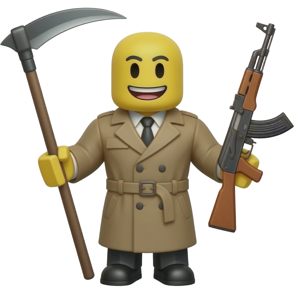 VIADIMIR KOLTSOV (roblox character who is yellow hes bald and is holding a sickle and a ak47 and has a brown trenchcoat emoji