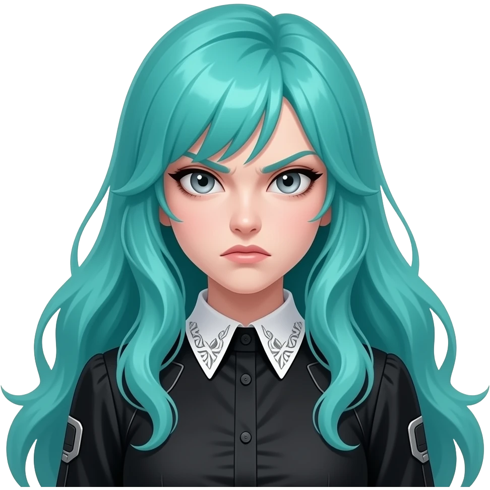 girl, furious, long flowing teal hair, grey eyes, black shoulder cyberpunk blouse with fancy white collar emoji