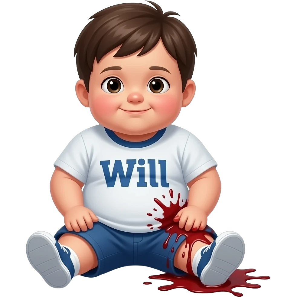 hazme un niño gordíssimo que se haya caido. tiene la rodilla ensangrentada. que ponga will en su camisa emoji