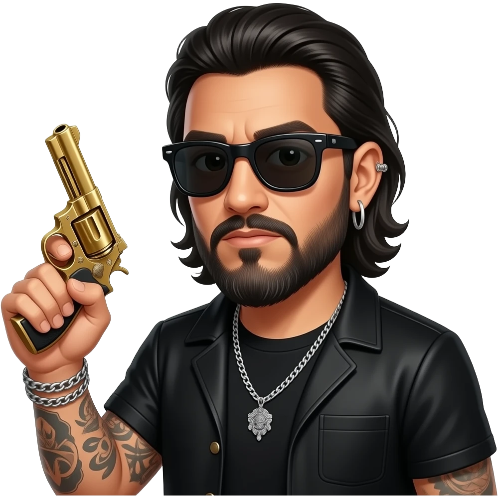 handsome, manly Latino podcast host with black colored eyes wearing black with silver jewelry, with medium length hair, a very long, lightly graying beard and tattoos, his ear and nose pierced, dark sunglasses, holding a gold pistol with a serious face emoji