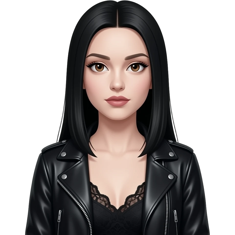 Beyaz tenli yani ten rengi çok açık olsunsiyah uzun düz saçlı hafif çekik gözlü kahverengi gözlü uzun kirpikli ince seyrek kaşlı üzerinde siyah dantelli kıyafet var üstünde deri ceket dudakları kalın büyük ve düz olsun soğuk tonlarda makyaj olsun yüzünde pürüzsüz bir cildi olsun emoji