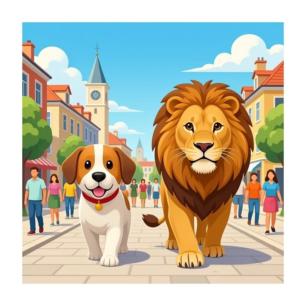hazme un perro y un leon caminando por un pueblo con muchas personas emoji