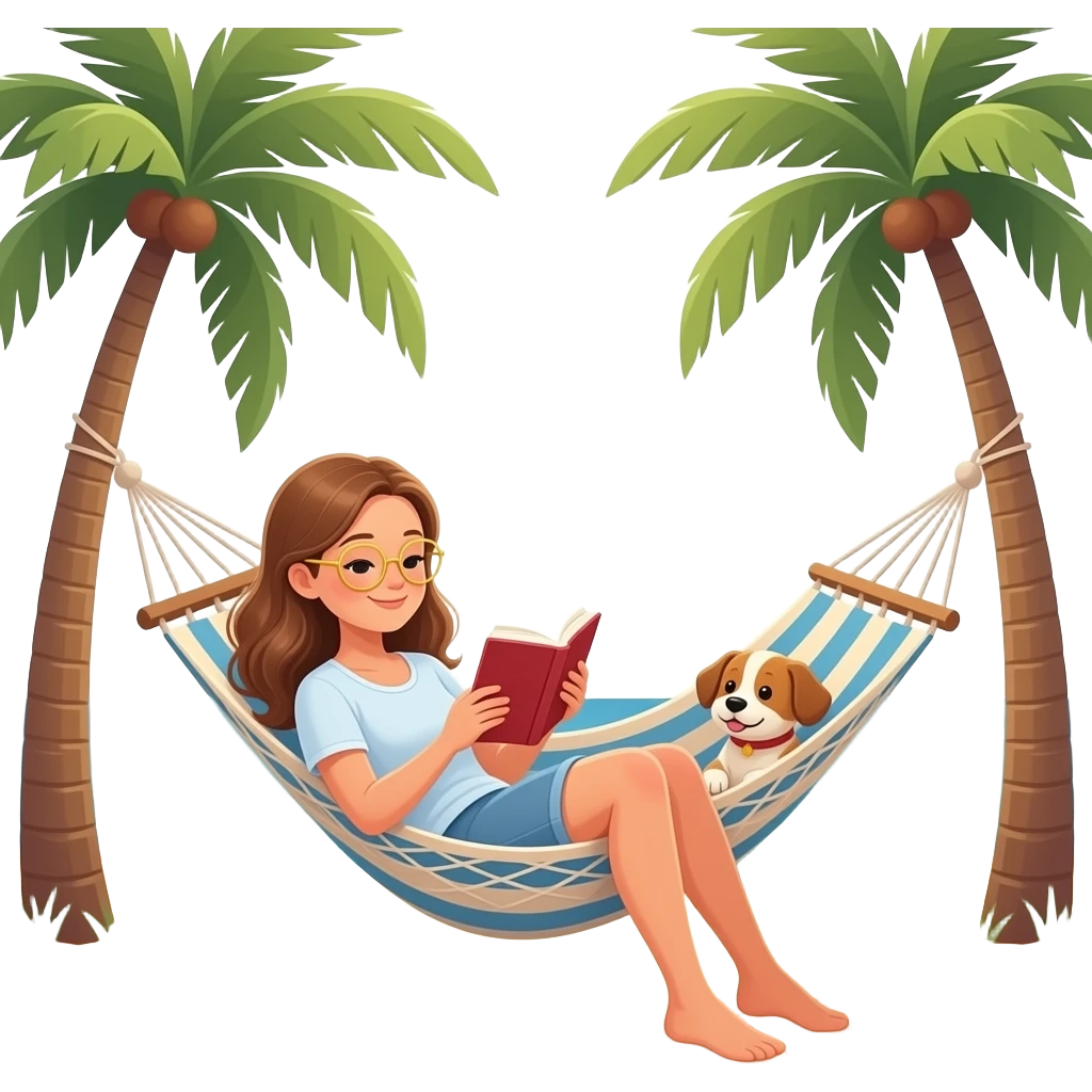 adult female with long light brown hair and gold rimmed glasses in hammock reading a book by a beach with a dog in the hammock emoji