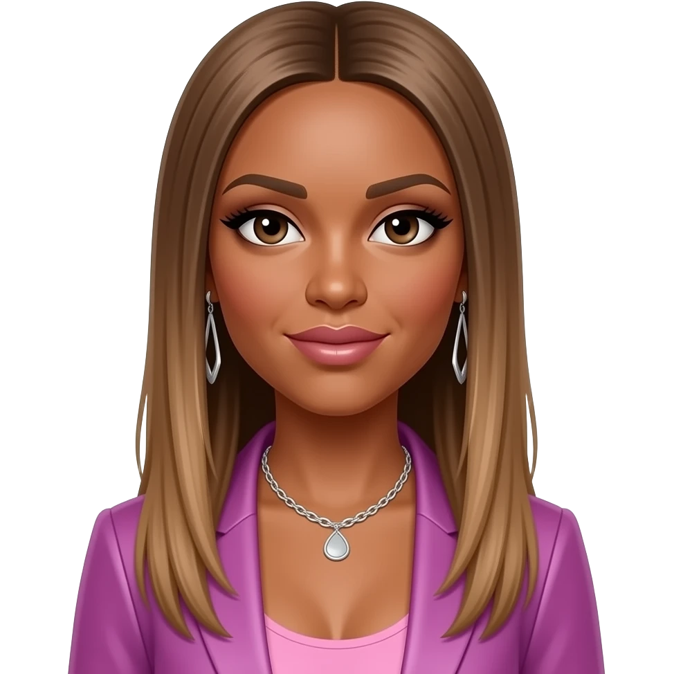 Melody Thornton from The Pussycat Dolls with dark skin, dark brown eyes, long light brown straight hair, pink and purple r&b outfit, necklace and earrings emoji