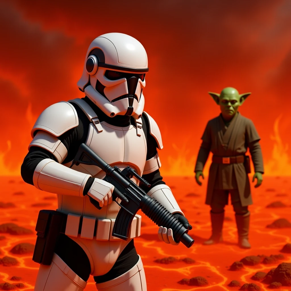 Camera POV, Starwars stormtroopers vlogging selfie, he is walking on lava planet with yoda emoji