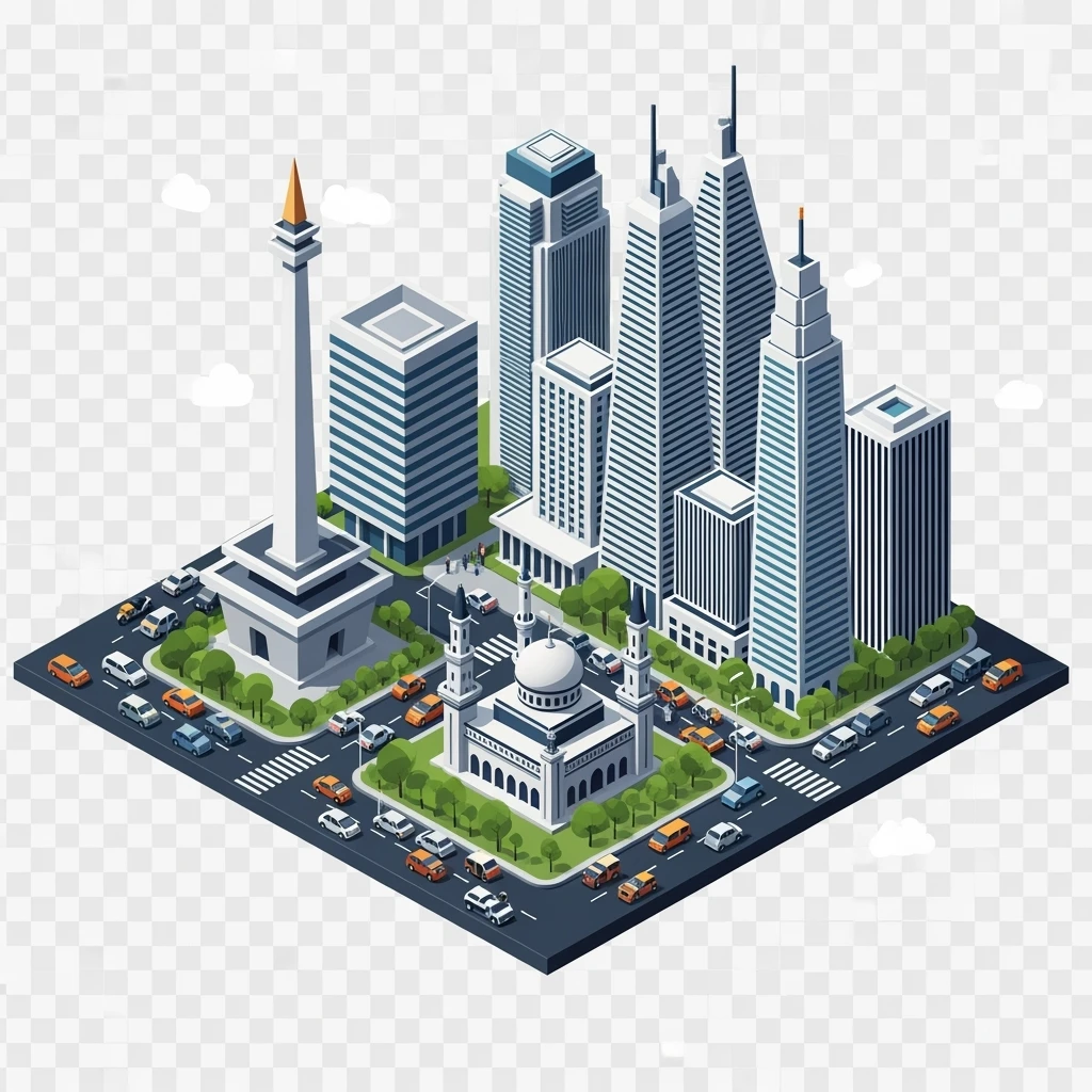 Isometric minimalistic illustration of Jakarta Monas (National Monument), Istiqlal Mosque, skyscrapers of Sudirman CBD, bustling streets with traffic and tuk-tuks, subtle 3D miniature effect and Tilt Shift effect, no cartoonish look, transparent background. emoji