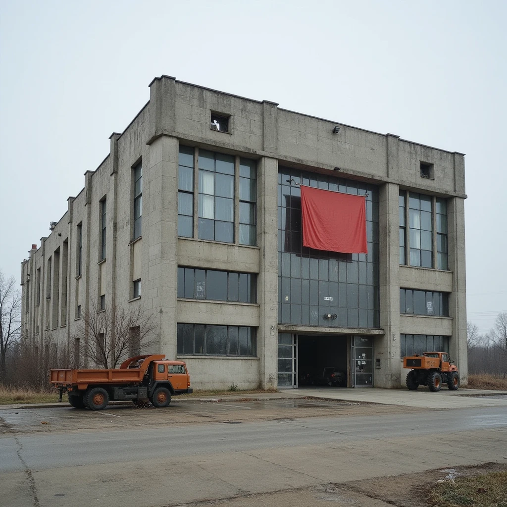 realistic Soviet heavy equipment plant building, concrete structure, large windows, red banners, no people, no machinery outside emoji