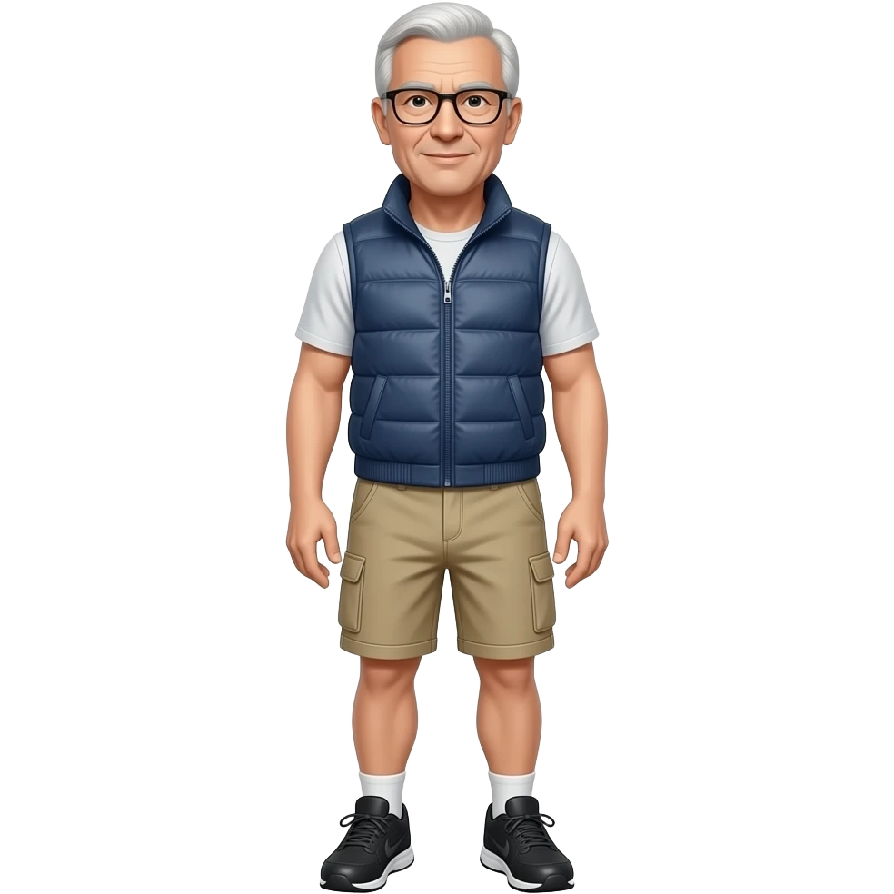 older bald white man with thin framed glasses, a sweatervest, beige cargo shorts and black running shoes emoji