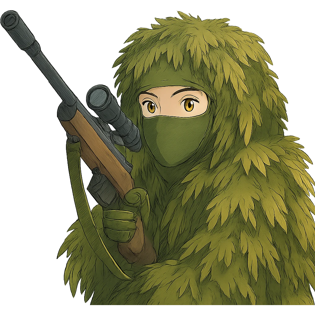 1 female, gold yellow eyes, face covered green balaclava, full military ghillie sniper camouflage, rifle up emoji