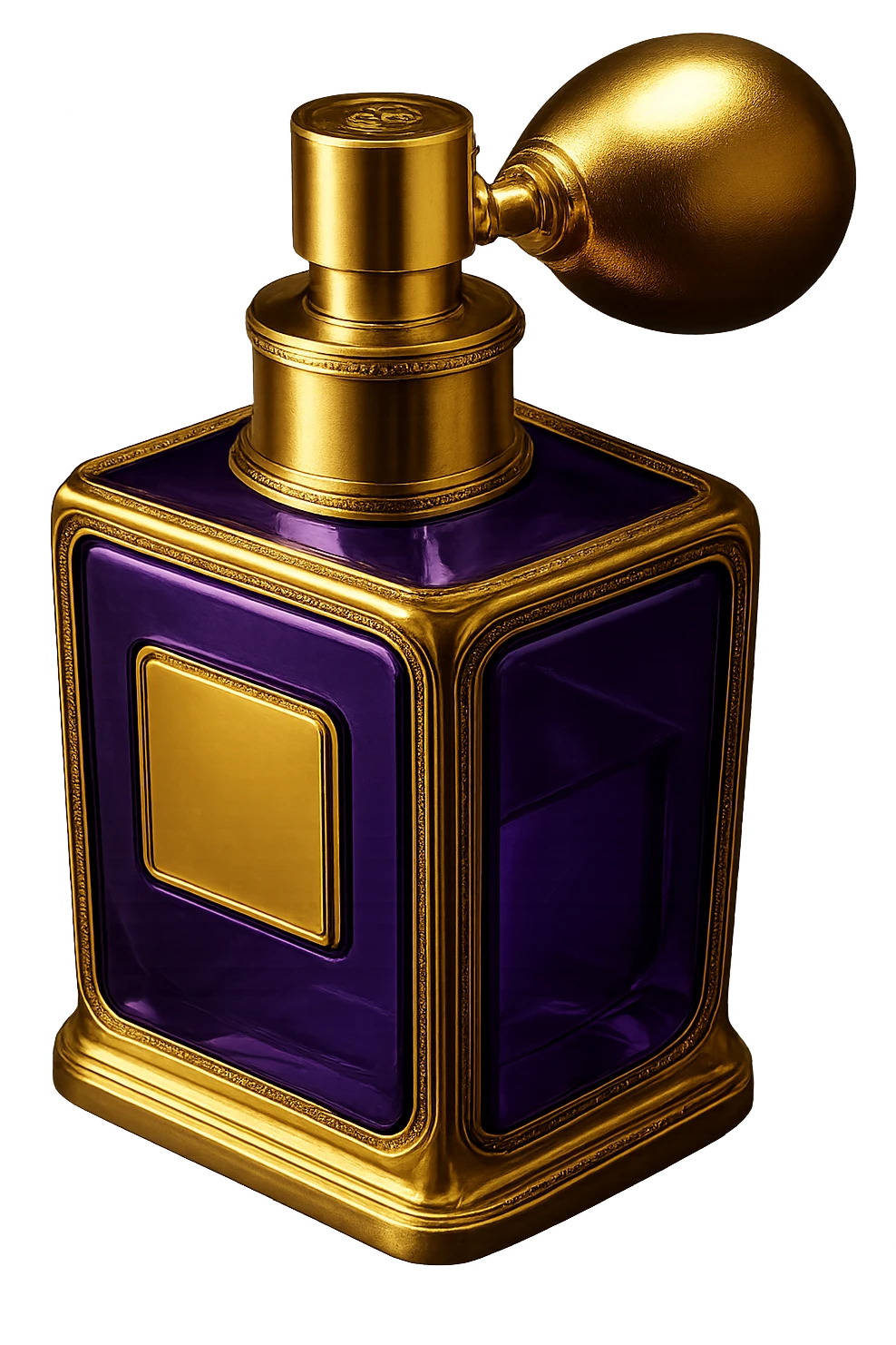 Make this purple perfume bottle look more luxurious with elegant details and add gold accents. Keep the background transparent. emoji