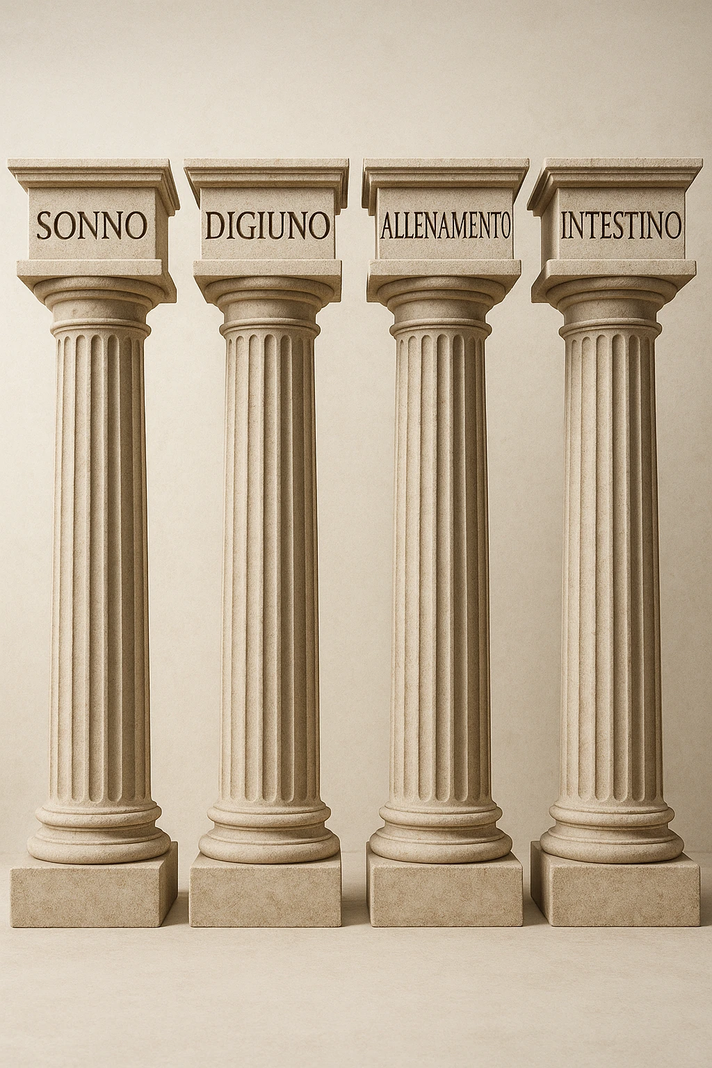5 pilastri con le scritte "SONNO", "DIGIUNO", "ALLENAMENTO", "INTESTINO", IMMAGINE IPERREALISTICA SFONDO CHIARO IN ITALIANO emoji