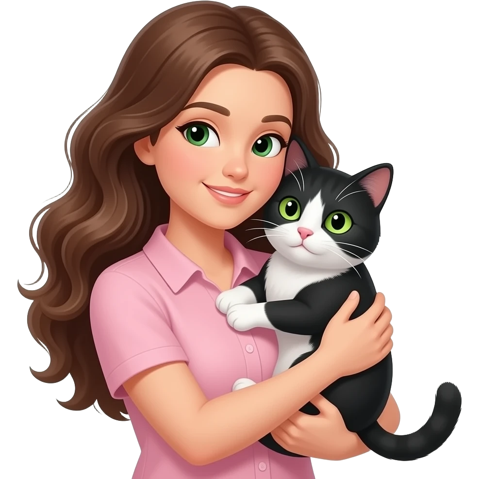 Estilo de emoji IOS - Mulher de cabelos longos e ondulados com camiseta rosa claro abraçando o gato preto e branco dos olhos na cor verde emoji