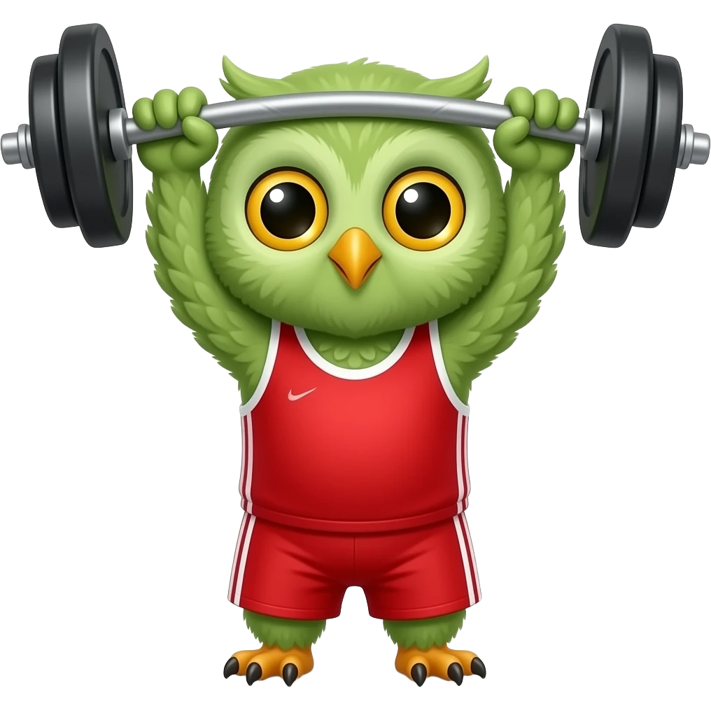 Cartoon cute tiny Baby owl Body building Green skin Wight lifting backwards Red Sports Dress male emoji