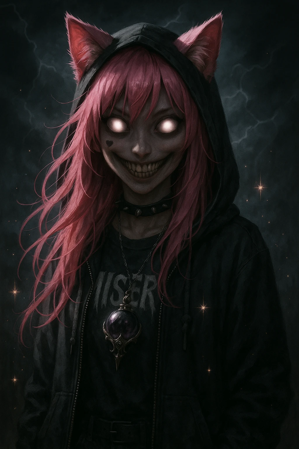 realistic anime catgirl with pink hair, emo streetwear, heart tattoo under left eye, dark magical accessory, sparkles, stormy background, supernatural scary face with glowing eyes and eerie smile emoji