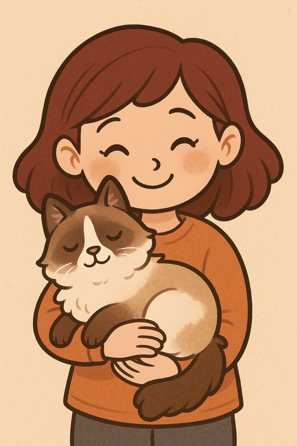 A girl with dark red hair cuddling a snowshoe cat, soft and cute, cartoon style emoji