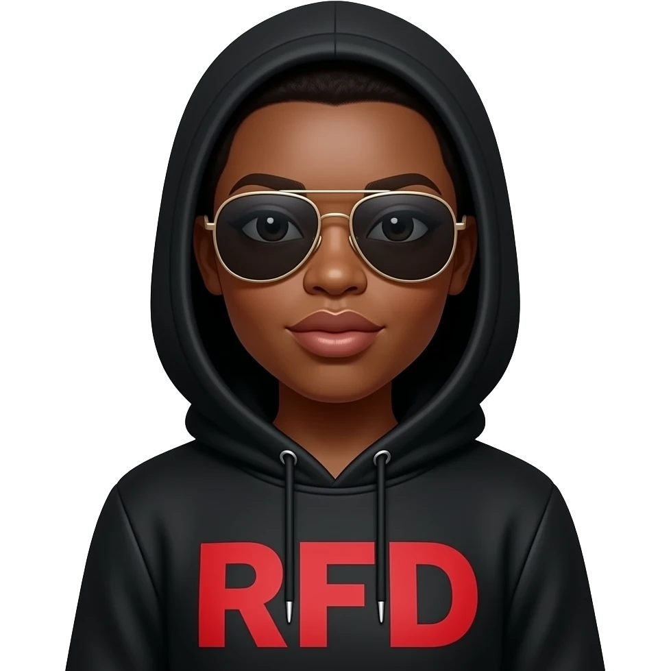 Black Woman in Black hoodie that says “RFD” in red large font, wearing aviator sunglasses, hood up, pouting emoji