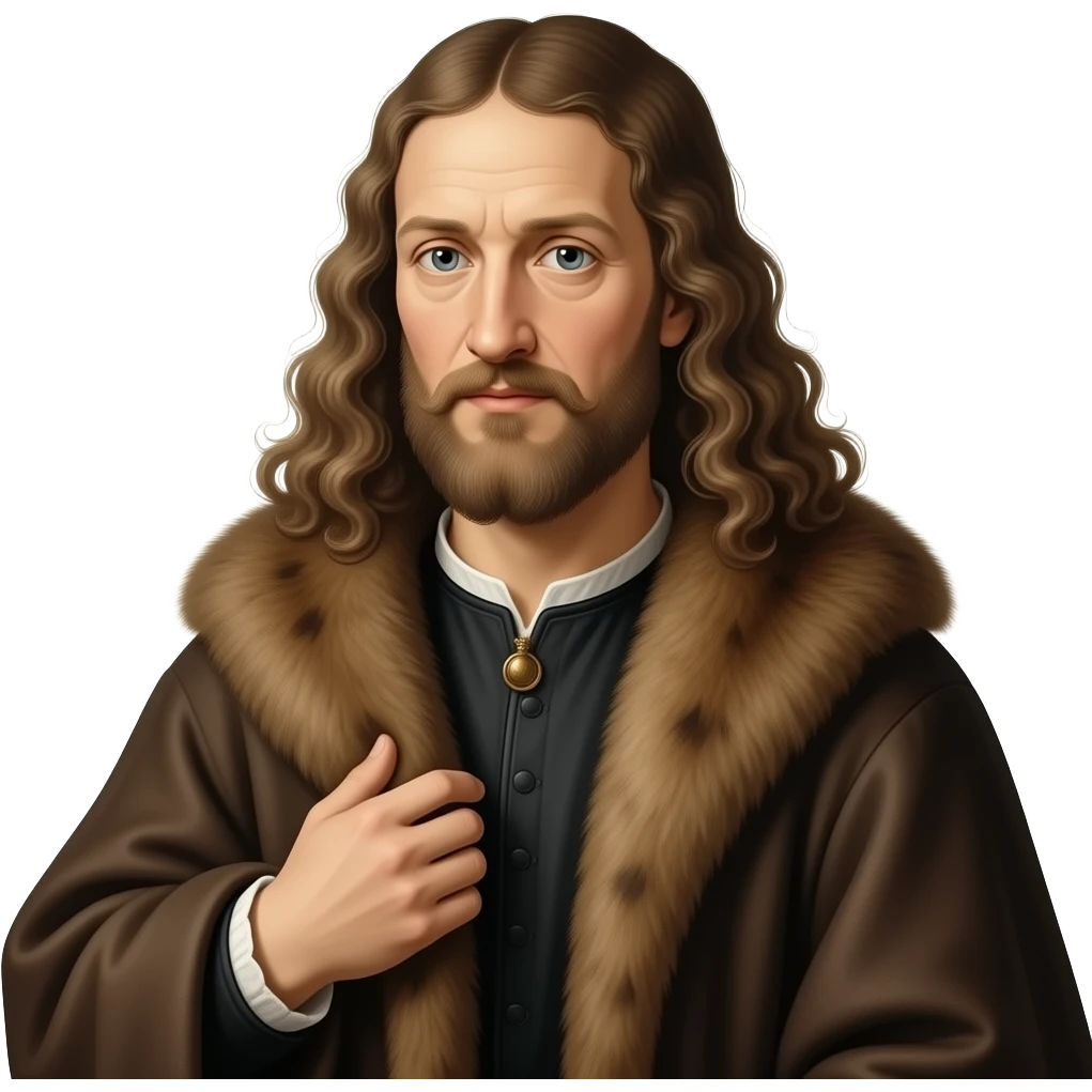 en face penetrating balanced, dried up and wrinkled Albrecht Dürer Renaissance self-portrait with very very long curly hair in a cloak with a fur collar, in Renaissance dress, holding the fur collar with his left hand - an icon of Christ Himself emoji