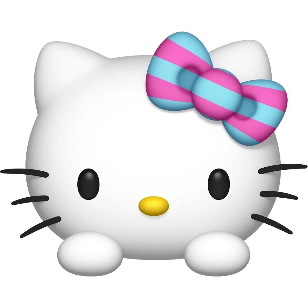 Hello Kitty head with two front paws and a pink and blue striped bow emoji