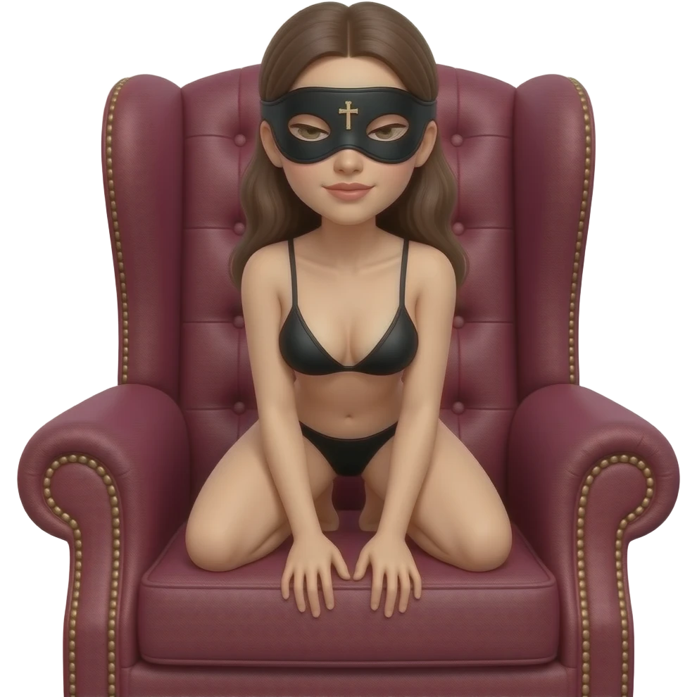 steampunk style - The female realistic skinny  figure is in a crouching on the armchair covered with heavy bordo fabric. The most prominent detail is the black eye mask with a small figurine of the crucified Jesus sewn between the eyes emoji